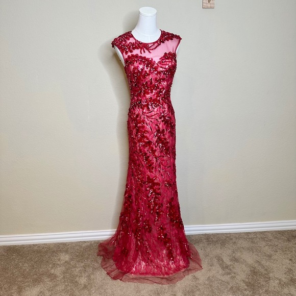 Unbranded Dresses & Skirts - VTG Red Sequin Floral Lace Gown Sleeveless Keyhole Back Formal Evening Prom Gala